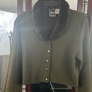 Vintage Nina Leonard brown Cardigan with Chocolate faux fur Collar.